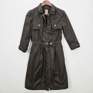 VTG Y2K Forever Trench Coat Shirt Dress S Green Olive Button Up Belted Midi‎